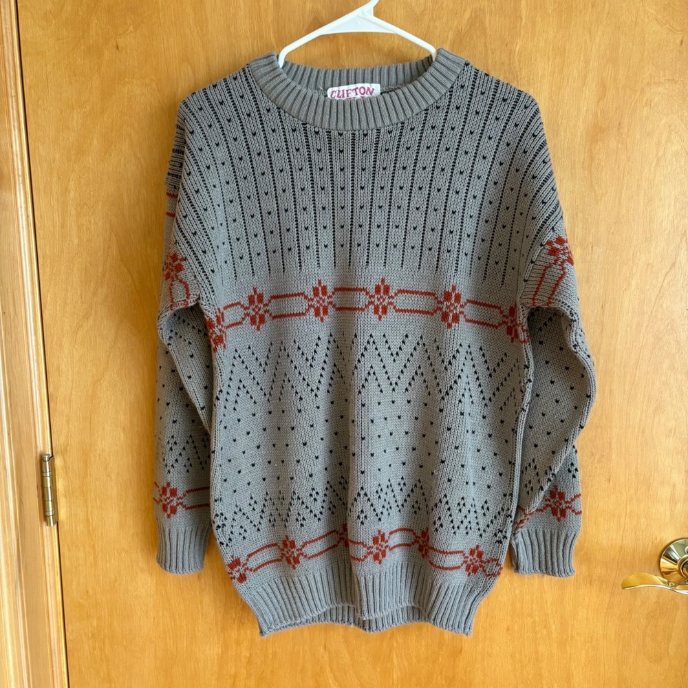 Clifton Place Mens‎ Gray Red Black Fair Isle Knit Sweater Pullover Size Large